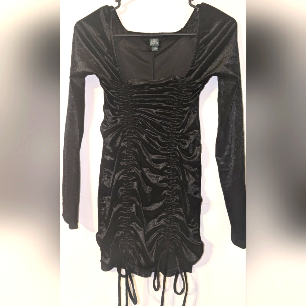 Women's Black Velvet Ruched Bodycon Mini Dress XS Whimsygoth Coquette Y2K Fairy‎
